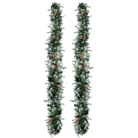 2 Pack 9FT Pre-lit Snow Flocked Christmas Garland, Lighted Artificial Xmas Garland with 200 Warm Lights and 440 Tips and Red Berries