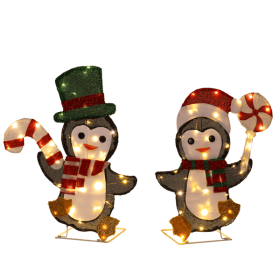 Set of 2 Lighted Penguin and Candy Cane Christmas Decorations