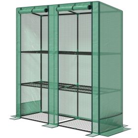 Lean-to Greenhouse with 3 Tier Shelves, Portable Greenhouse with PE Cover, 2 Roll-Up Doors, 56.7" x 18.9" x 59.8", Green
