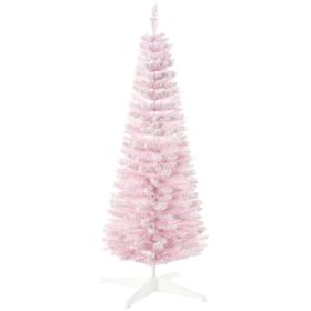 HOMCOM 5' Snow Flocked Artificial Pencil Christmas Tree, Slim Xmas Tree With Realistic Branches And Plastic Base Stand For Indoor Decoration, Pin (Option: Pink)